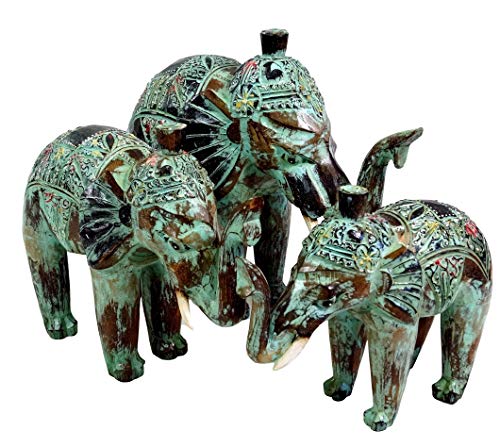 GURU SHOP Geschnitzter Elefant in 3 Größen - Grün, Holz, Größe: Mittel (25x30x10 cm), Tierfiguren von GURU SHOP