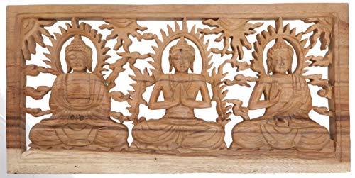 GURU SHOP Geschnitztes Wandbild Deko Wandrelief - 3 Buddhas, Braun, 26x50x1,5 cm, Masken & Wandschmuck von GURU SHOP