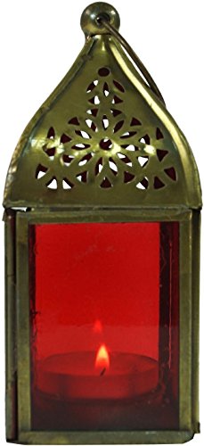 GURU SHOP Glaslaterne, Windlicht, Teelichthalter aus Messing, Rot, Farbe: Rot, 13x5,5x5,5 cm, Orientalische Laternen von GURU SHOP