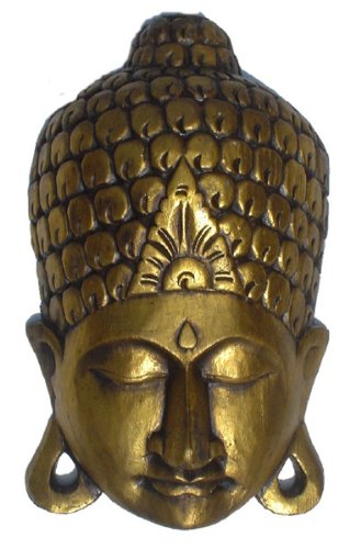 GURU SHOP Goldene Buddha Maske, Geschnitzter Wandschmuck, Ethno Wanddekoration aus Balsaholz - 40 cm Design 3, Buddhas von GURU SHOP