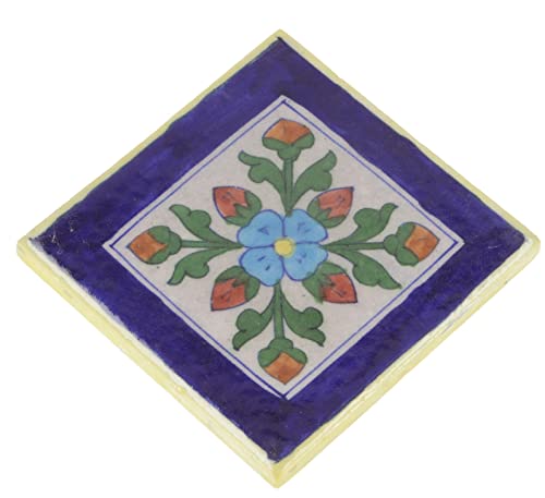 GURU SHOP Handbemalte Indische Keramikfliese, Vintage Keramik Untersetzer - Motiv 15, Blau, 10x10x1 cm, Untersetzer, Tabletts von GURU SHOP