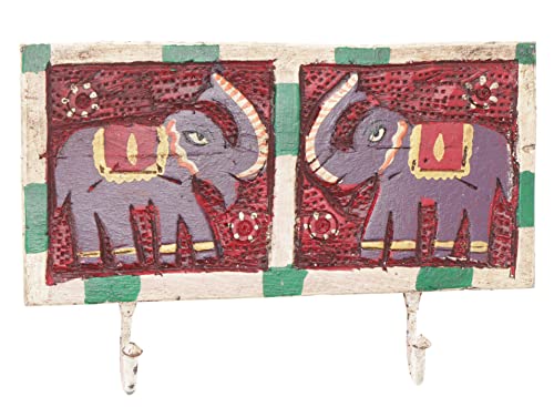 GURU SHOP Indische Vintage Hakenleiste, Garderobe, Schlüsselbrett - Elefant/ Hell, Holz, 12x25x4 cm, Wandhaken aus Holz, Metall & Keramik von GURU SHOP