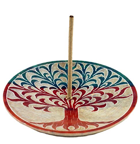 GURU SHOP Indischer Räucherstäbchenhalter Ø 10 cm aus Speckstein, Kerzenteller - Baum des Lebens, Mehrfarbig, Räucherstäbchen Halter von GURU SHOP