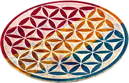 GURU SHOP Indischer Räucherstäbchenhalter Ø 10 cm aus Speckstein, Regenbogen Kerzenteller - Blume des Lebens 2, Mehrfarbig, Räucherstäbchen Halter von GURU SHOP