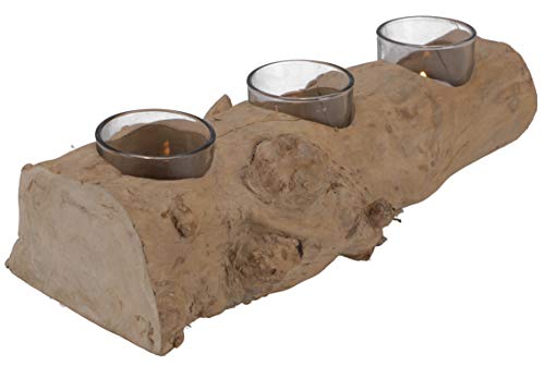 GURU SHOP Kerzenleuchter aus Wurzelholz - mit 3 Kerzengläsern, Creme-weiß, Treibholz, 8x30x12 cm, Teelichthalter & Kerzenhalter von GURU SHOP