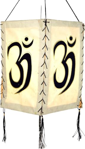 GURU SHOP Lokta Papier Hänge Lampenschirm, Deckenleuchte aus Handgeschöpftem Papier - Om Weiß, 28x18x18 cm von GURU SHOP