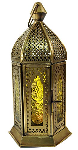 GURU SHOP Orientalische Metall/Glas Laterne in Marrokanischem Design, Windlicht, Gelb, Farbe: Gelb, 21x9,5x9,5 cm, Orientalische Laternen von GURU SHOP