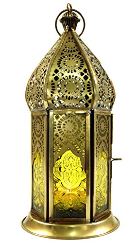 GURU SHOP Orientalische Metall/Glas Laterne in Marrokanischem Design, Windlicht, Gelb, Farbe: Gelb, 21x9,5x9,5 cm, Orientalische Laternen von GURU SHOP