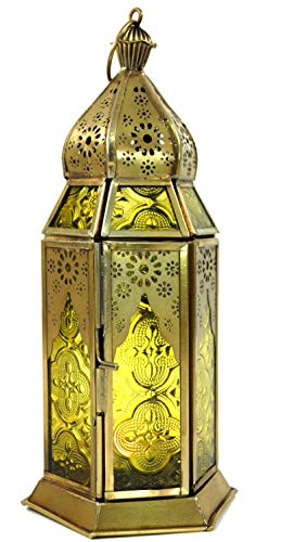 GURU SHOP Orientalische Metall/Glas Laterne in Marrokanischem Design, Windlicht, Gelb, Farbe: Gelb, 22x8,5x8,5 cm, Orientalische Laternen von GURU SHOP