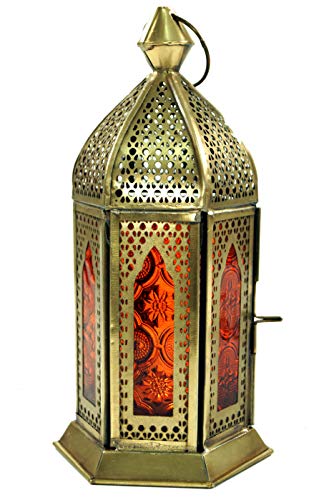 GURU SHOP Orientalische Metall/Glas Laterne in Marrokanischem Design, Windlicht, Orange, Farbe: Orange, 21x9,5x9,5 cm, Orientalische Laternen von GURU SHOP