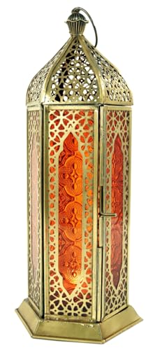 GURU SHOP Orientalische Metall/Glas Laterne in Marrokanischem Design, Windlicht, Orange GURU SHOP Orientalische Metall/Glas Laterne in Marrokanischem Design, Windlicht, Orange von GURU SHOP