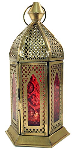 GURU SHOP Orientalische Metall/Glas Laterne in Marrokanischem Design, Windlicht, Rot, Farbe: Rot, 21x9,5x9,5 cm, Orientalische Laternen von GURU SHOP