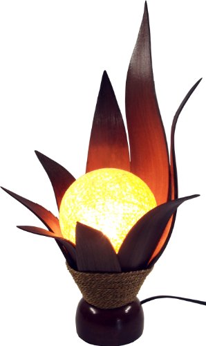 GURU SHOP Palmenblatt Lotus Tischlampe/Tischleuchte, in Bali Handgemacht aus Naturmaterial, Palmholz - Modell Orania, Palmblätter, 50x30x25 cm, Tischlampen aus Naturmaterialien von GURU SHOP