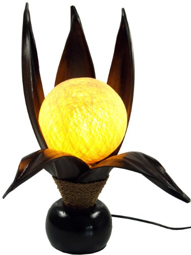 GURU SHOP Palmenblatt Lotus Tischlampe/Tischleuchte, in Bali Handgemacht aus Naturmaterial, Palmholz - Modell Palmera 8, Palmblätter, 47x26x26 cm, Tischlampen aus Naturmaterialien von GURU SHOP