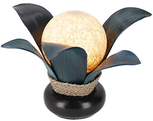 GURU SHOP Palmenblatt Tischlampe/Tischleuchte, in Bali Handgemacht aus Naturmaterial, Palmholz - Modell Palmera 13 Blau, Palmblätter, 30x35x36 cm, Tischlampen aus Naturmaterialien von GURU SHOP