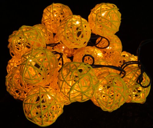 GURU SHOP Rattan Ball LED Kugel Lampion Lichterkette - Gelb, 6x6x250 cm, Lichterketten von GURU SHOP