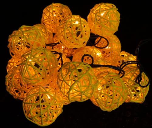 GURU SHOP Rattan Ball 20`er LED Kugel Lampion Lichterkette - Gelb, 6x6x250 cm von GURU SHOP