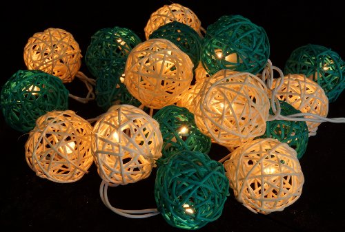 GURU SHOP Rattan Ball LED Kugel Lampion Lichterkette - Türkis/weiß, 7x7x350 cm, Lichterketten von GURU SHOP