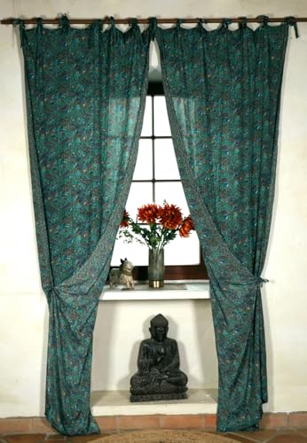 GURU SHOP Seidige Boho Vorhänge, 1 Paar Bohemia Gardine aus Sareestoff, Unikat 290 cm - Türkisblau, Synthetisch von GURU SHOP