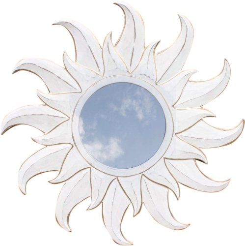 GURU SHOP Sonnenspiegel, Deko Spiegel aus Holz in Sonnenform - Antikweiß 2, Braun, 60x60x1 cm, Dekoration Fürs Kinderzimmer von GURU SHOP