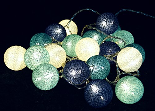 GURU SHOP Stoff Ball Batterielichterkette 3xAA, LED Kugel Lichterkette - Türkis/blau/weiß, Baumwollfäden, 6x6x315 cm, Lichterketten von GURU SHOP