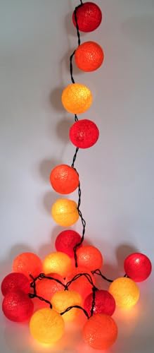 GURU SHOP Stoff Ball Batterielichterkette 3xAA 20`er LED Kugel Lichterkette - Rot/gelb von GURU SHOP
