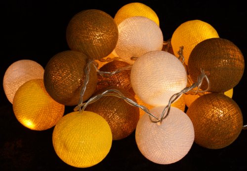 GURU SHOP Stoff Ball Lichterkette, LED Kugel Lampion Lichterkette - Gelb/braun/weiß, Baumwollfäden, Lichterketten von GURU SHOP