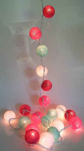 GURU SHOP Stoff Ball Lichterkette, LED Kugel Lampion Lichterkette - Türkis/weiß/rot, Baumwollfäden, 7x7x350 cm, Lichterketten von GURU SHOP