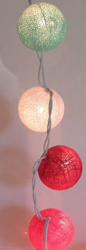 GURU SHOP Stoff Ball Lichterkette, LED Kugel Lampion Lichterkette - Türkis/weiß/rot, Baumwollfäden, 7x7x350 cm, Lichterketten von GURU SHOP