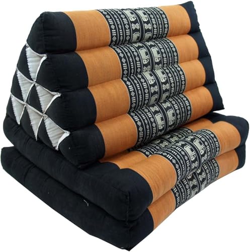 GURU SHOP Thaikissen, Dreieckskissen, Kapok, Tagesbett mit 2 Auflagen - Schwarz/orange, 30x50x120 cm, Asiatisches Sitzkissen, Liegematte, Thaimatte von GURU SHOP