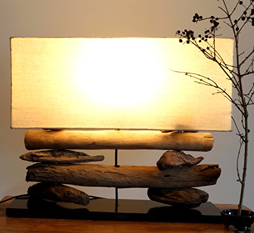 GURU SHOP Tischlampe/Tischleuchte, Handgefertigt in Bali, Treibholz, Baumwolle, Unikat - Modell Malacoota, Baumwollstoff, 43x50x17 cm, Tischlampen aus Naturmaterialien von GURU SHOP