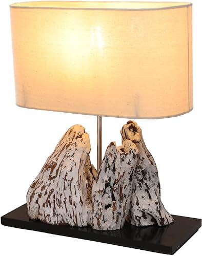 GURU SHOP Tischlampe/Tischleuchte, Handgemachtes Unikat aus Naturmaterial, Treibholz, Baumwolle - Modell Malindi, Baumwollstoff, 42x35x15 cm, Tischlampen aus Naturmaterialien von GURU SHOP