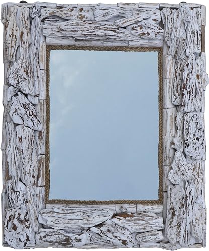 GURU SHOP Treibgut Spiegel, Deko Spiegel mit Treibholzstücken im Rahmen - 60x50 cm Wandspiegel, Weiß, Spiegel von GURU SHOP