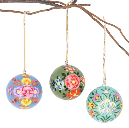 GURU SHOP Upcycling Weihnachtskugel 3er Geschenk Set aus Pappmachee, Handbemalter Christbaumschmuck, Kaschmirkugeln 7 cm - Muster 8, Mehrfarbig, Weihnachtsdeko von GURU SHOP