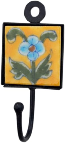 GURU SHOP Wandhaken, Garderobenhaken mit Handgefertigter Blue Pottery Fliese (5x5 cm) - Modell 7, Gelb, Wandhaken aus Holz, Metall & Keramik von GURU SHOP