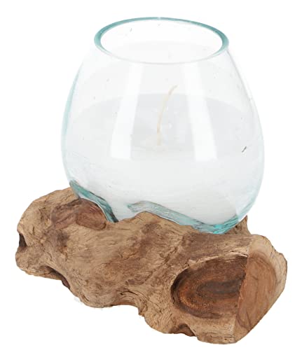GURU SHOP Wurzelholzvase mit Kerze, Teelichtglas aus Mundgeblasenem Glas - Hoch, Braun, 13x13x11 cm, Teelichthalter & Kerzenhalter von GURU SHOP
