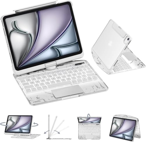 GUSGU Transparent Hülle mit Wireless Tastatur für iPad Air 13 Zoll (M3/M2, 2025/2024), 7 Colors Backlight, Trackpad, 360° Drehbarer Ständer für iPad Pro 12,9 Zoll (6./5./4./3. Generation), Tech-Stil von GUSGU