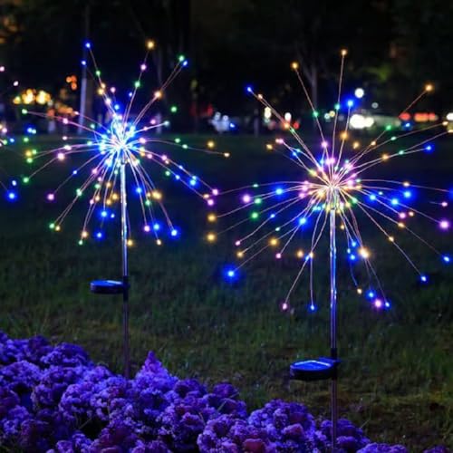 2 Stück Continentau Solar Powered Garden Fairy Lights,120 LED Feuerwerk Lichter,Solarbetriebene Starburst-Lichterkette wasserdicht mit 8 Modi,Solarleuchten für Balkon,Terrasse,Garten,Hof,Weg (Bunt) von GUSHE