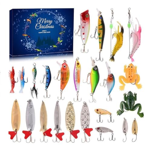 24 Days Christmas Countdown Fish Tackle Set, Angel Adventskalender 2024, Angelköder Weihnachts Countdown Kalender, 24 Angeln Köder Set Adventskalender für Fischer Erwachsene Teenager Jungen (B) von GUSHE