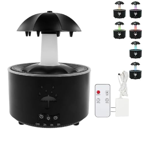 7 Color Rotating Raindrop Aromatherapy Humidifier, Rotierender Regenschirm Luftbefeuchter, 7-Farben LED Aromatherapie Diffusor, Ätherisches Öl Luftbefeuchter mit Fernbedienung und Timer (Schwarz) von GUSHE