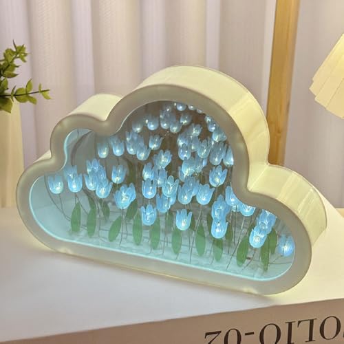 GUSHE Forever Infinite Cloud Mirror Tulips, Tulpen Lampe Mit Spiegel, Wolke Tulpenlampe, Wolken-Tulpen-Spiegel-Nachtlicht, DIY Tulpe Nachtlicht, LED Tulpen Licht für Wohnzimmer, Schlafzimmer (Blau) von GUSHE