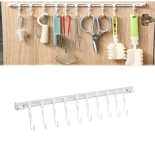 GUSHE Multifunctional Slide Rail Hook,Hakenleiste Küche,Selbstklebende Küchenhakenleiste mit 10 Bewegen Haken,Küchenutensilienhalter Wand,Utensilienhalter für Küche Badezimmer Schlafzimmer (30cm) von GUSHE