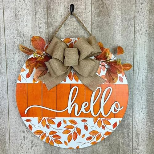 Hello Maple Leaves Wall Sign Decorations, Herbst Schild für die Haustür, 3D Hello Willkommensschild Haustür, Rustikale Runde Holz Willkommen Türschild, zum Aufhängen Wandschild Türhänger Wanddeko (A) von GUSHE