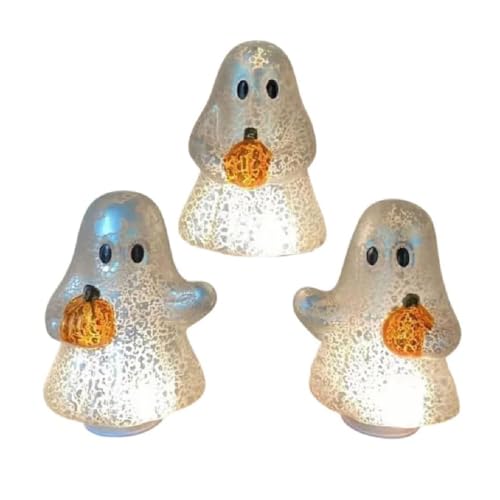 Set of 3 Illuminated Mercury Glass Ghosts,Beleuchtete-Mercury-Glas-Geister,Halloween Deko Leuchtend Geister,Leuchtende Geisterfigur Statue mit Kürbis,Ghost Ornament für Halloween Party Tischdeko von GUSHE