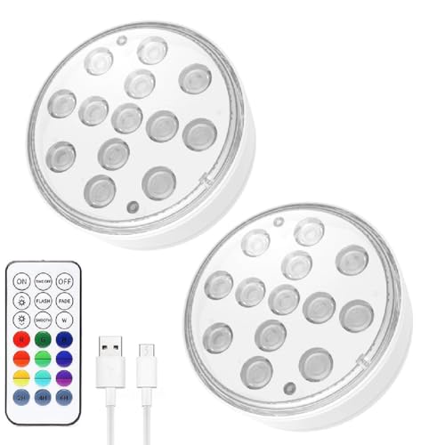 Ultra-High Brightness Rechargeable Submersible LED Lights with Remote,Poolbeleuchtung Unterwasser,Magnet Wiederaufladbar Pool Lichter Unterwasser,IP68 Wasserdicht 16 RGB LED Pool Beleuchtung (2PCS) von GUSHE
