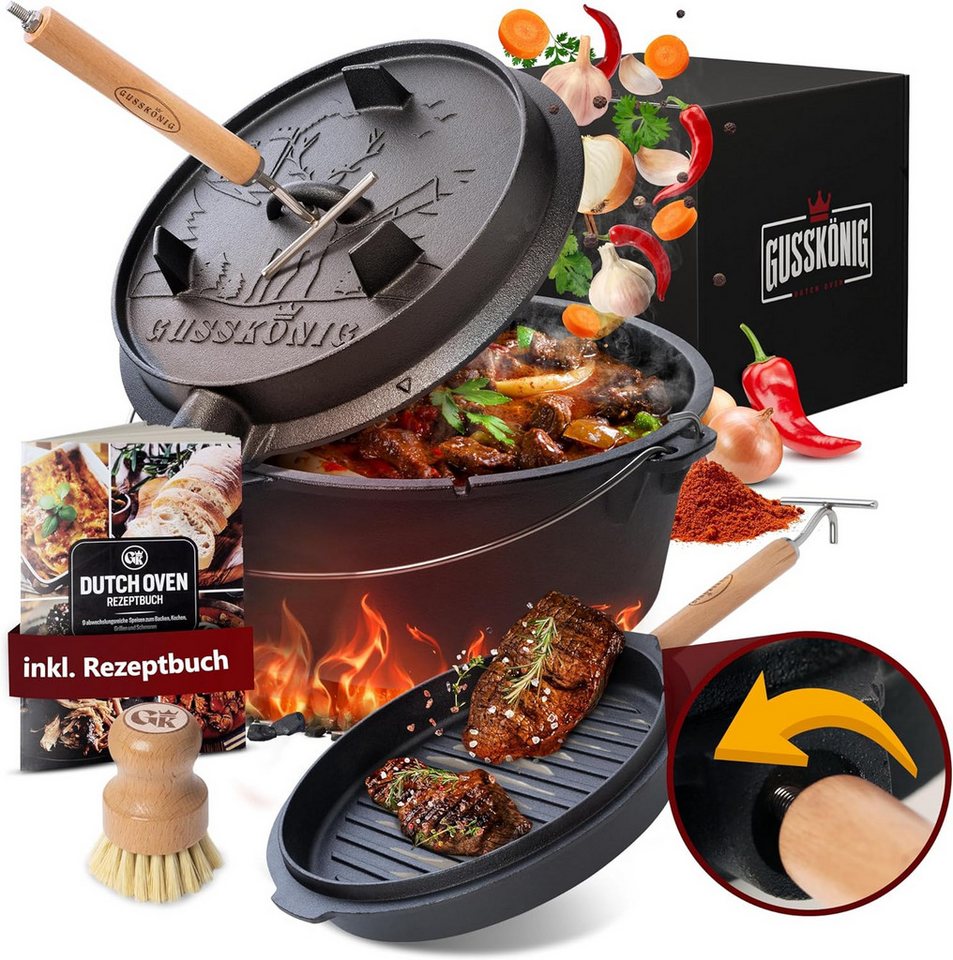 GUSSKÖNIG Grilltopf Dutch Oven Set 4.5 Liter mit Füßen 2in1 Deckelheber Bürste Rezeptbuch GUSSKÖNIG Grilltopf Dutch Oven Set 4.5 Liter mit Füßen 2in1 Deckelheber Bürste Rezeptbuch von GUSSKÖNIG