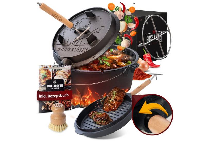 GUSSKÖNIG Grilltopf Dutch Oven Set 7 Liter Feuertopf Deckelheber und Edelstahl Untersetzer GUSSKÖNIG Grilltopf Dutch Oven Set 7 Liter Feuertopf Deckelheber und Edelstahl Untersetzer von GUSSKÖNIG
