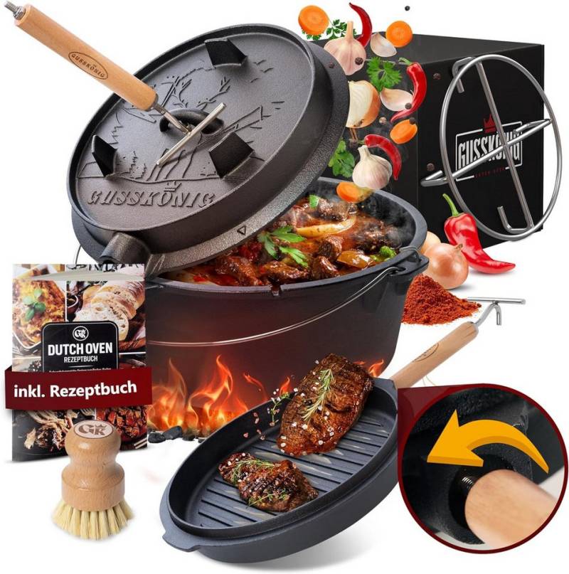 GUSSKÖNIG Grilltopf Dutch Oven Set 9 Liter ohne Füßen 2in1 Deckelheber Bürste Rezeptbuch von GUSSKÖNIG