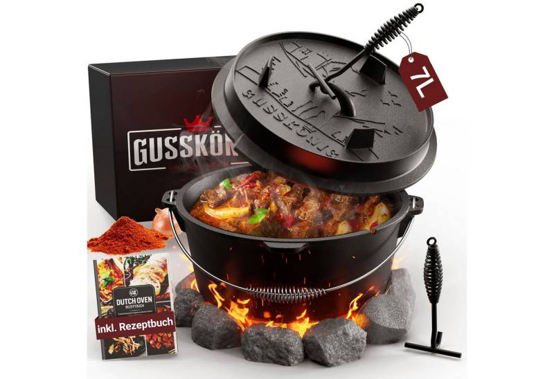 GUSSKÖNIG Grilltopf GUSSKÖNIG Dutch Oven 7 Liter mit Füßen und Deckelheber von GUSSKÖNIG