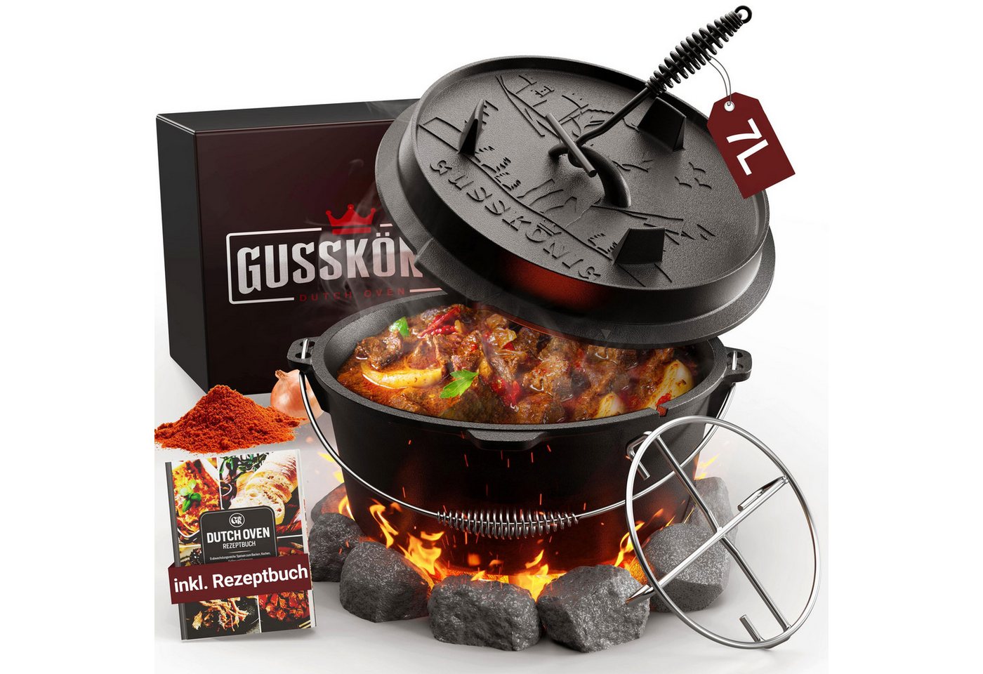 GUSSKÖNIG Grilltopf GUSSKÖNIG Dutch Oven Set 7 Liter Feuertopf Deckelheber Untersetzer von GUSSKÖNIG
